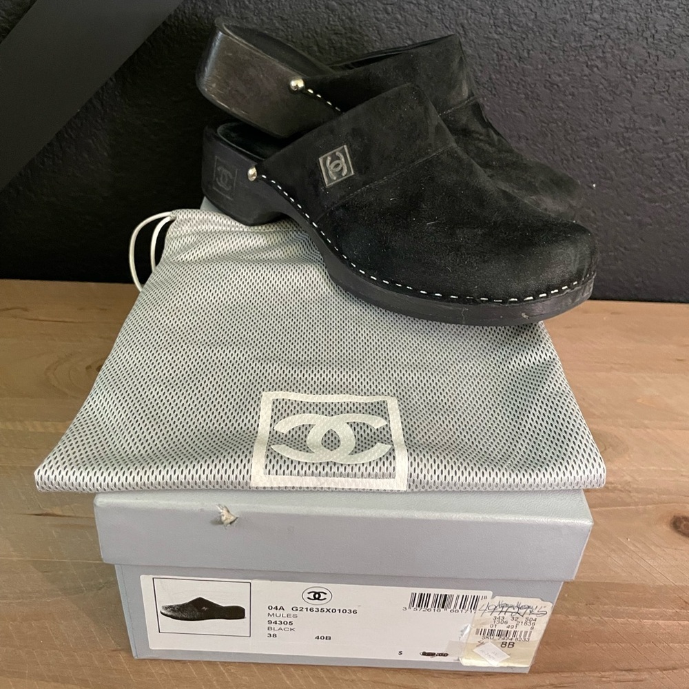 CHANEL Women’s Black Suede CC Clogs